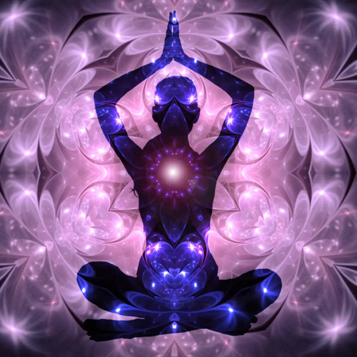 Ultimate Dragon Sekhem Akashic Liberation Treatment: meditating silhouette with glowing chakras and mandala.