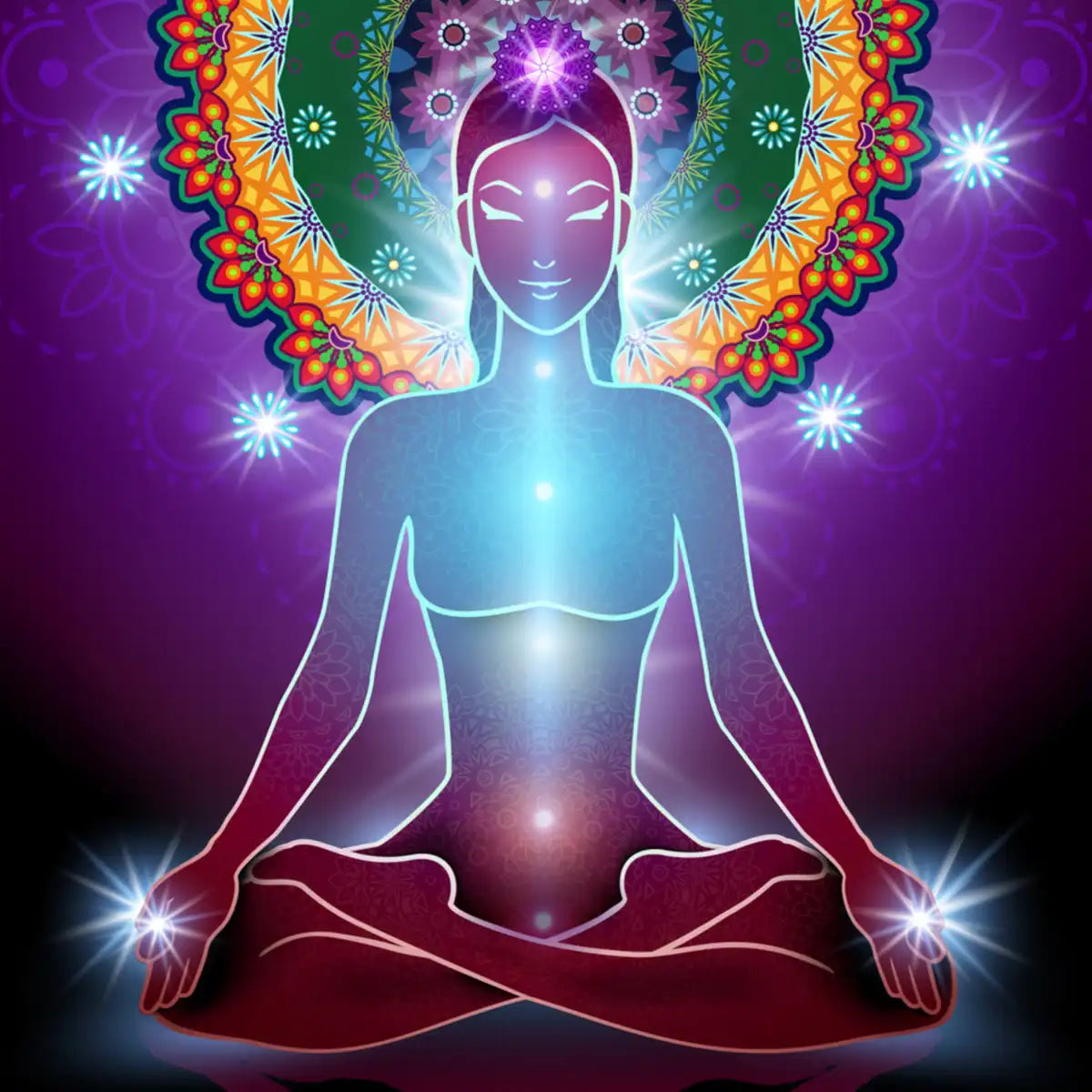 Ultimate Clearing Treatment: meditating figure with chakras and mandala for energy healing.